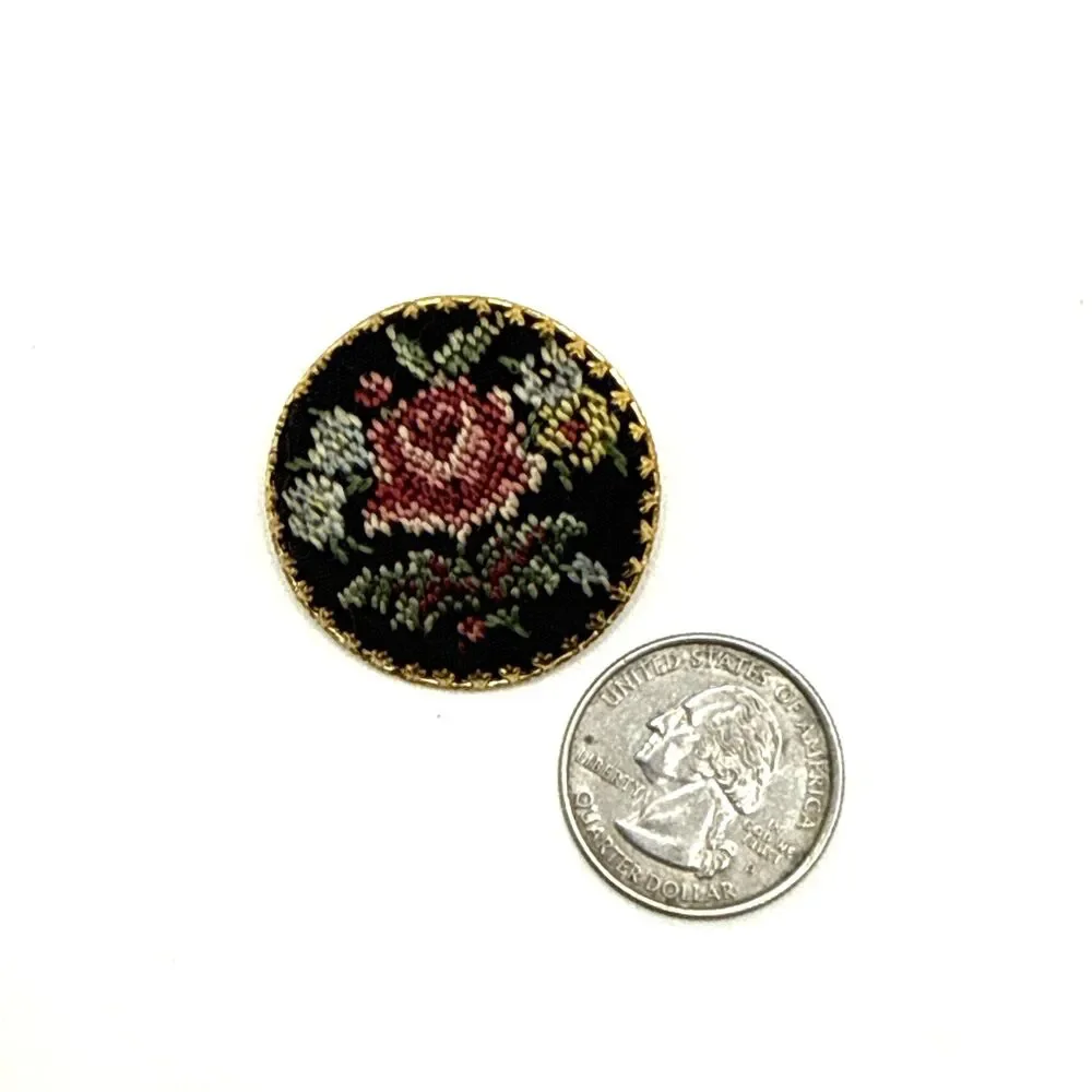 Vintage NeedlePoint Rose Brooch Gold Tone Hand Crafted Floral Pin 1 3/8